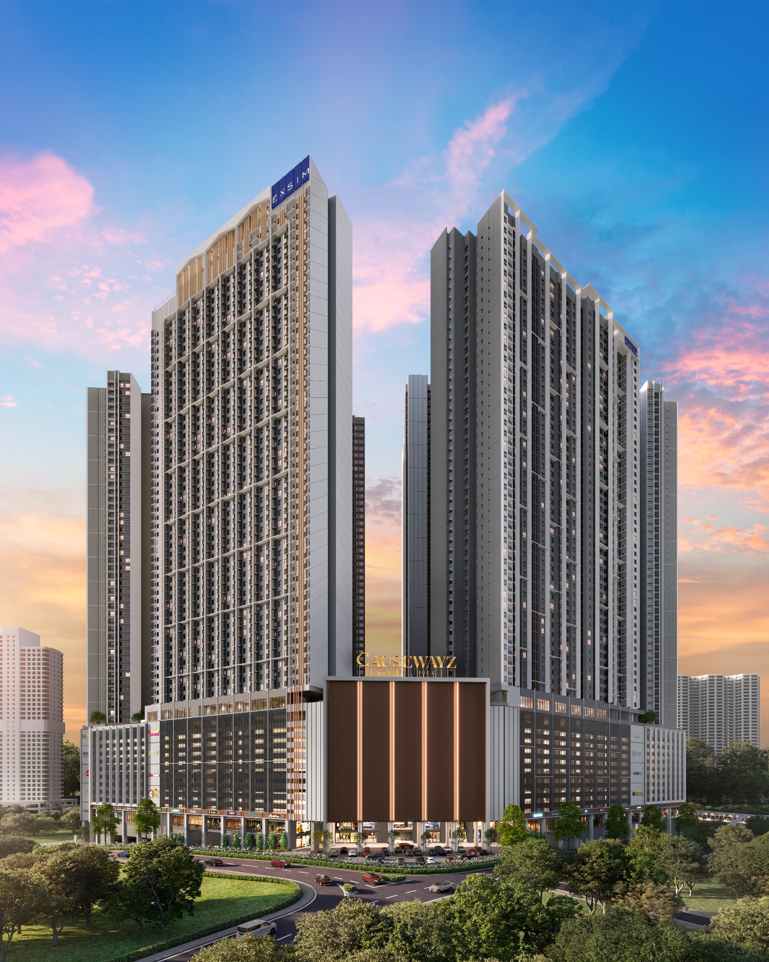 Causewayz Square twin towers and retail podium facade at dusk